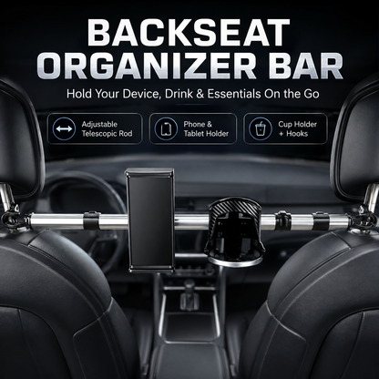 Universal Metal Rod Car Headrest Phone & Tablet Holder with Cup Holder and Hooks