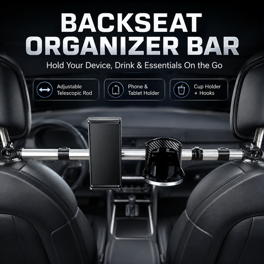 Universal Metal Rod Car Headrest Phone & Tablet Holder with Cup Holder and Hooks