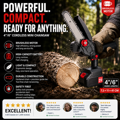 🪓 Brushless portable mini saw—powerful motor, long-lasting battery, lightweight and ergonomic. Perfect for pruning, firewood, and yard work—safe and efficient! 🌳🔋