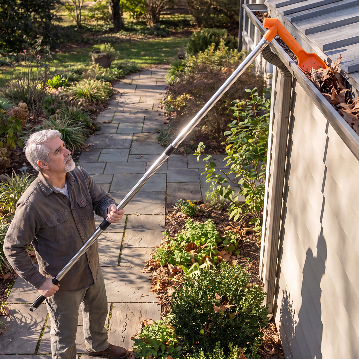 Homeowner using an extendable gutter cleaning tool from the ground