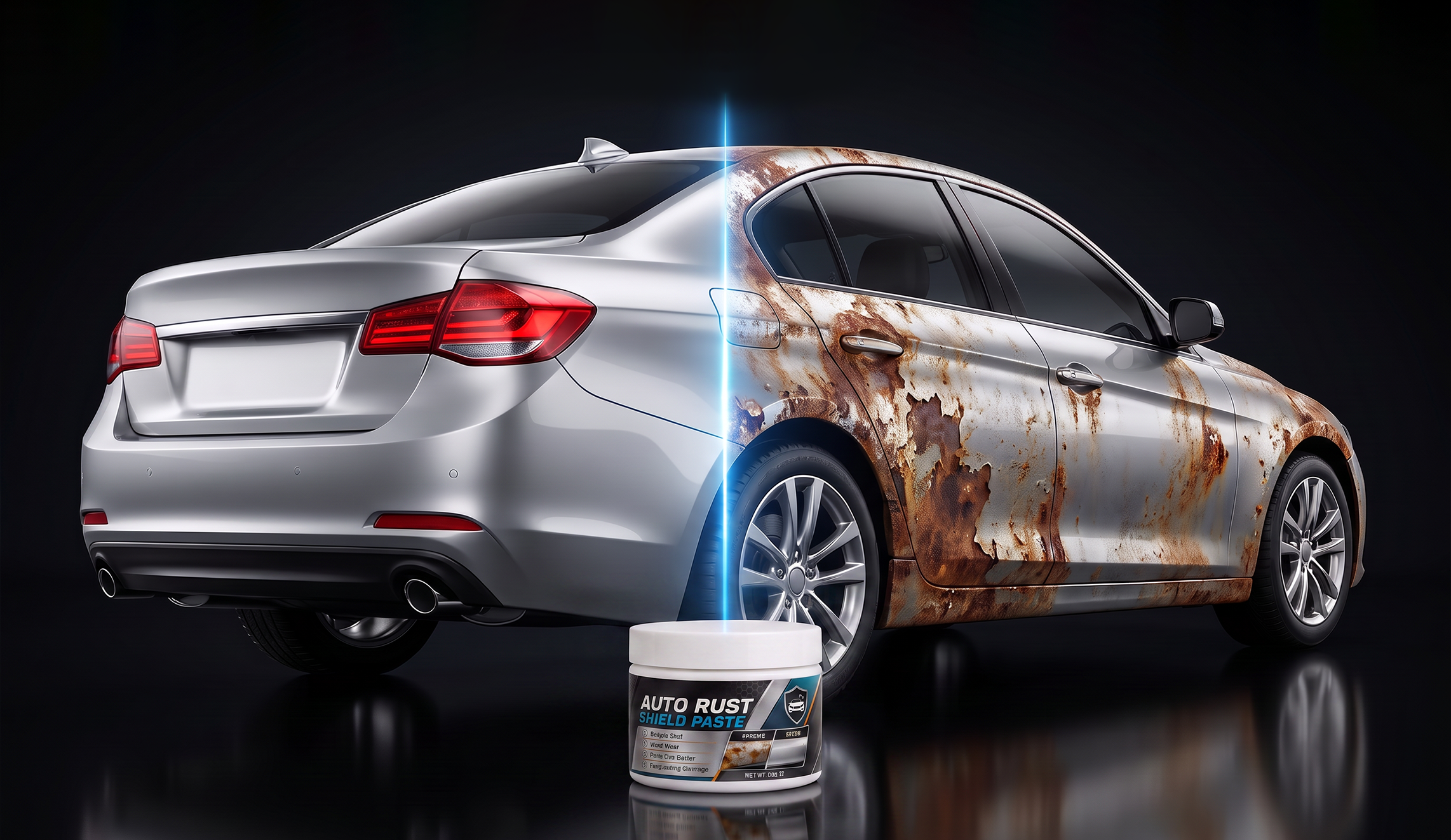 Car metal before and after rust protection treatment