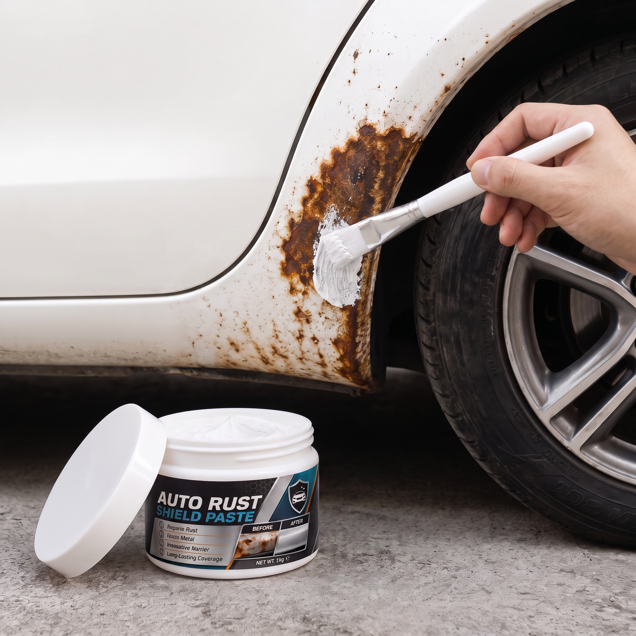 Applying rust repair paste near a vehicle wheel arch