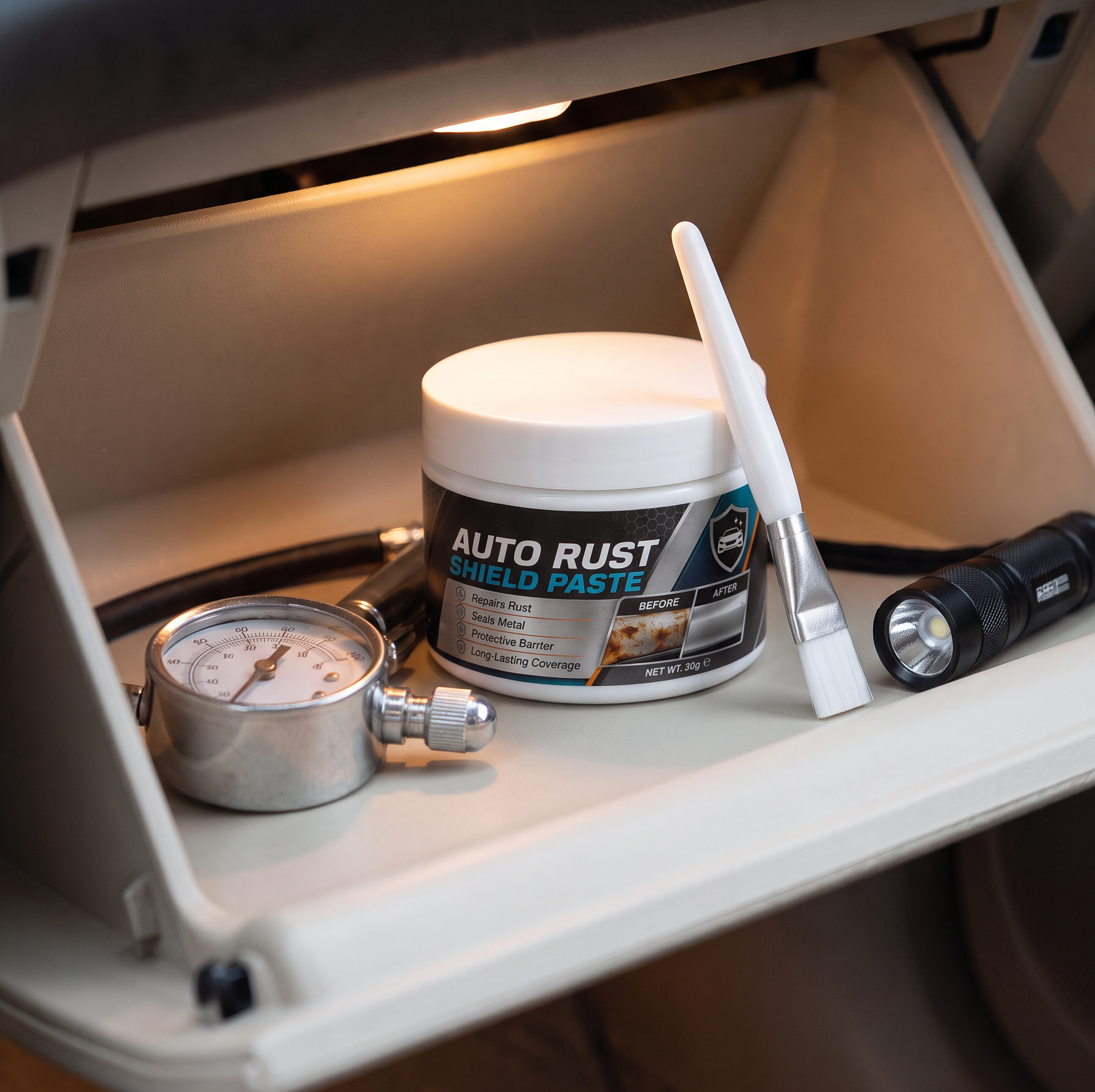 Rust repair paste stored inside a vehicle