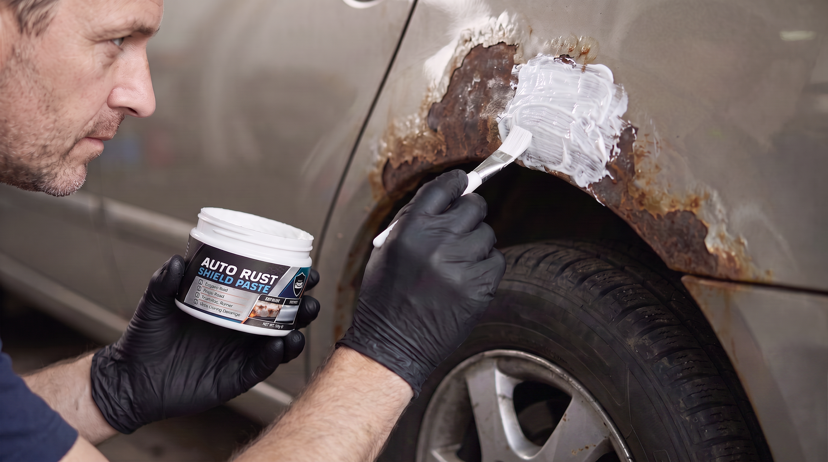 Applying rust repair paste to a vehicle body panel