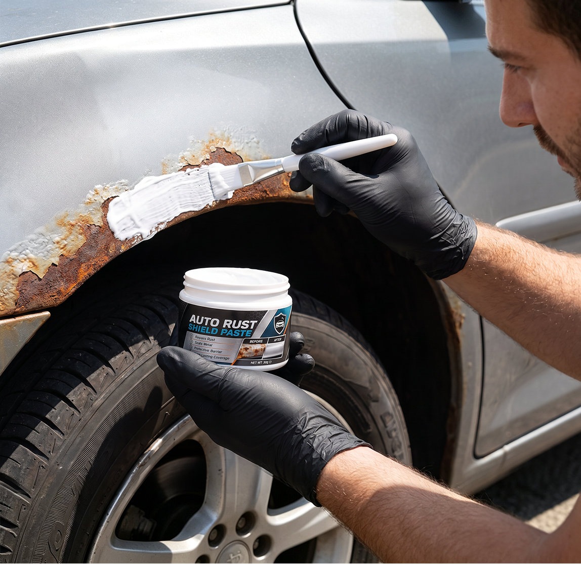Brush-on rust repair paste applied to car
