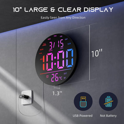 360° RGB LED Digital Wall Clock with Music Sync | 10" Large Anti-Glare Display, Bluetooth Auto Time, Remote Control, Auto Dimming & 15 Color Modes (USB Powered)