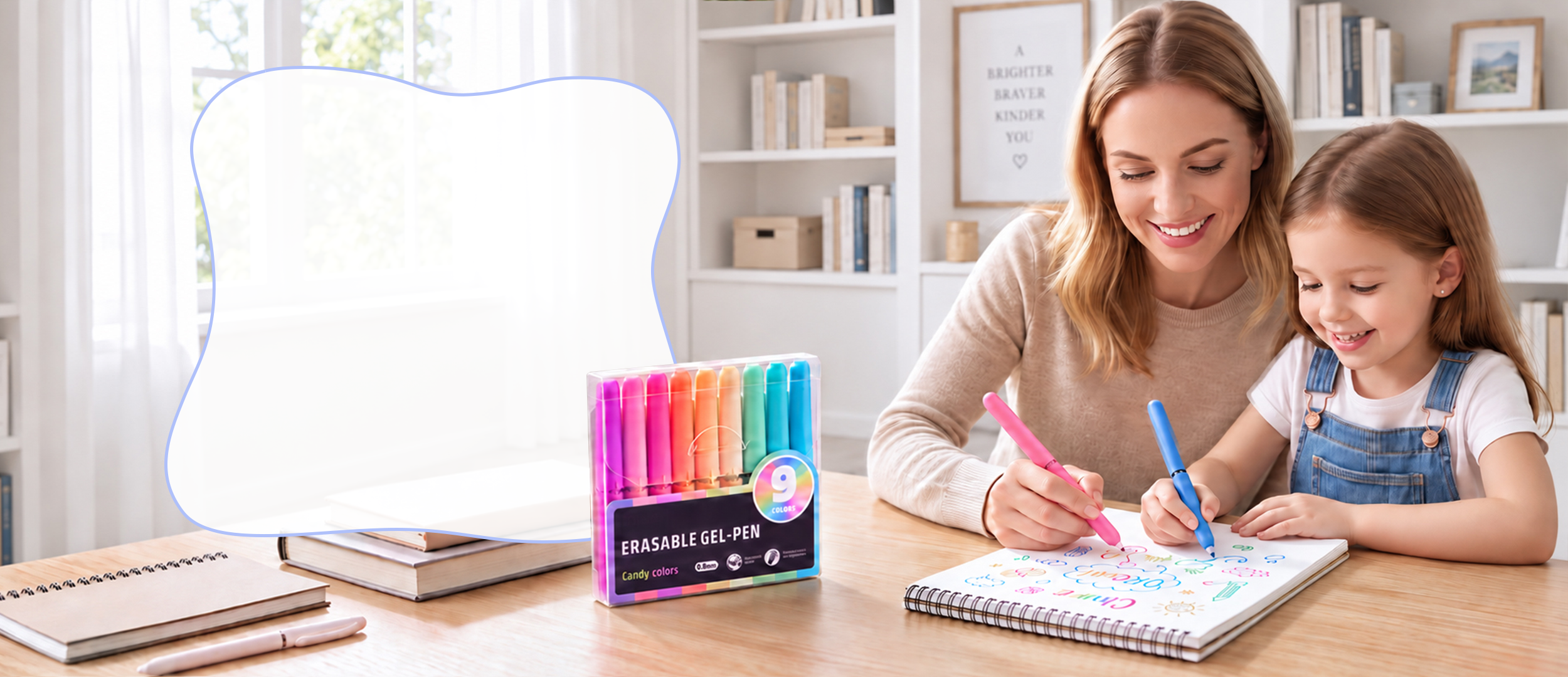 9-color erasable gel pen set in a bright study scene