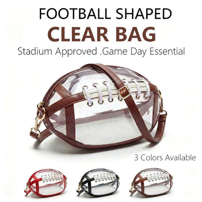 Football Shaped Clear Crossbody Bag | Stadium Approved Transparent Purse with Gold-Tone Zipper & Leather Trim | Perfect Game Day Essential