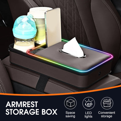 🚗50% OFF NOW! Car Armrest Storage Box with RGB LED Ambient Lighting – Multi-Functional Car Organizer with Tissue Holder, Cup & Phone Slot, Space-Saving Auto Console Storage Box