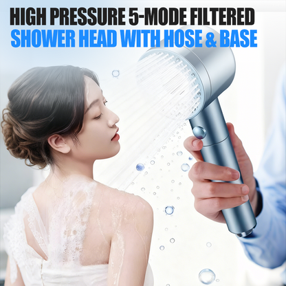High Pressure 5-Mode Filtered Shower Head with Hose & Base