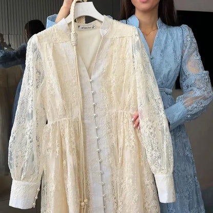 📢📢50% off!! ⏰ Vintage Dress with Embroidered Lantern Sleeves – Delicate Lace, Romantic Cut & Retro Elegance 🌸