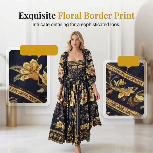 Vintage Floral Print Square Neck Maxi Dress