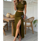 Women's Short Sleeve Top and Slit Midi Skirt Set