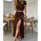 Women's Short Sleeve Top and Slit Midi Skirt Set