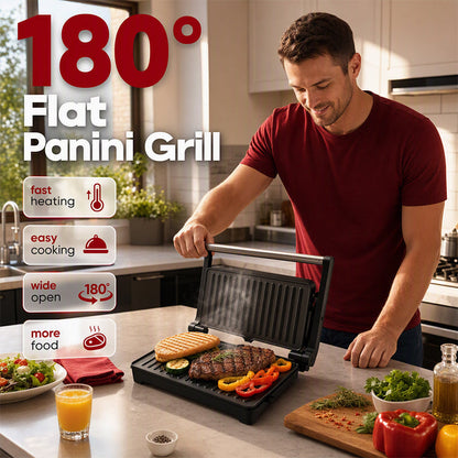 Electric Sandwich Press and Panini Maker with 180-Degree Flat Grill