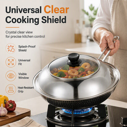🍳50% OFF NOW! Stainless Steel Splash‑Proof Pot Lid with Glass Window‑ Universal Clear Cooking Shield, Heat‑Resistant Visible Lid Cover, Anti‑Splash Replacement Lid for Woks & Pans