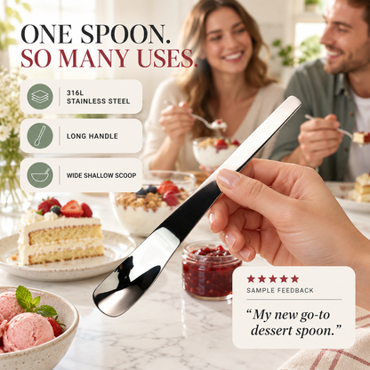 🥄50% OFF NOW! Long-Handle 316L Stainless Steel Dessert Spoon – Wide Shallow Scoop, Multipurpose Metal Spoon for Ice Cream, Jam, Yogurt, Cake & Daily Kitchen Use