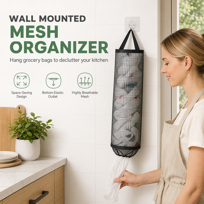 Organize Grocery Bags Instantly! Wall-Mounted Mesh Bag Holder