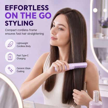 Cordless Hair Straightener Brush, Rechargeable Straightening Comb, Anti-Scald, 3 Heat Settings